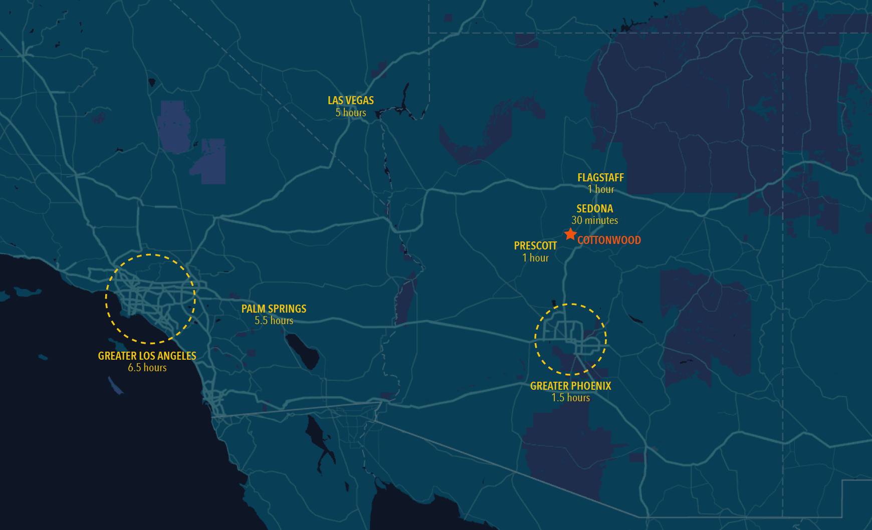 A map showing distances to nearby towns from Cottonwood