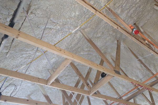 Close-up of cathedralized ceiling insulation