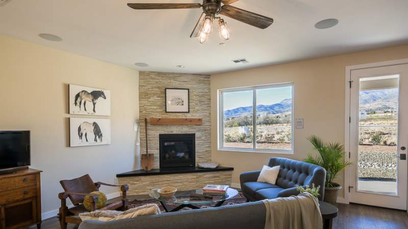 Living room and fireplace in Scion